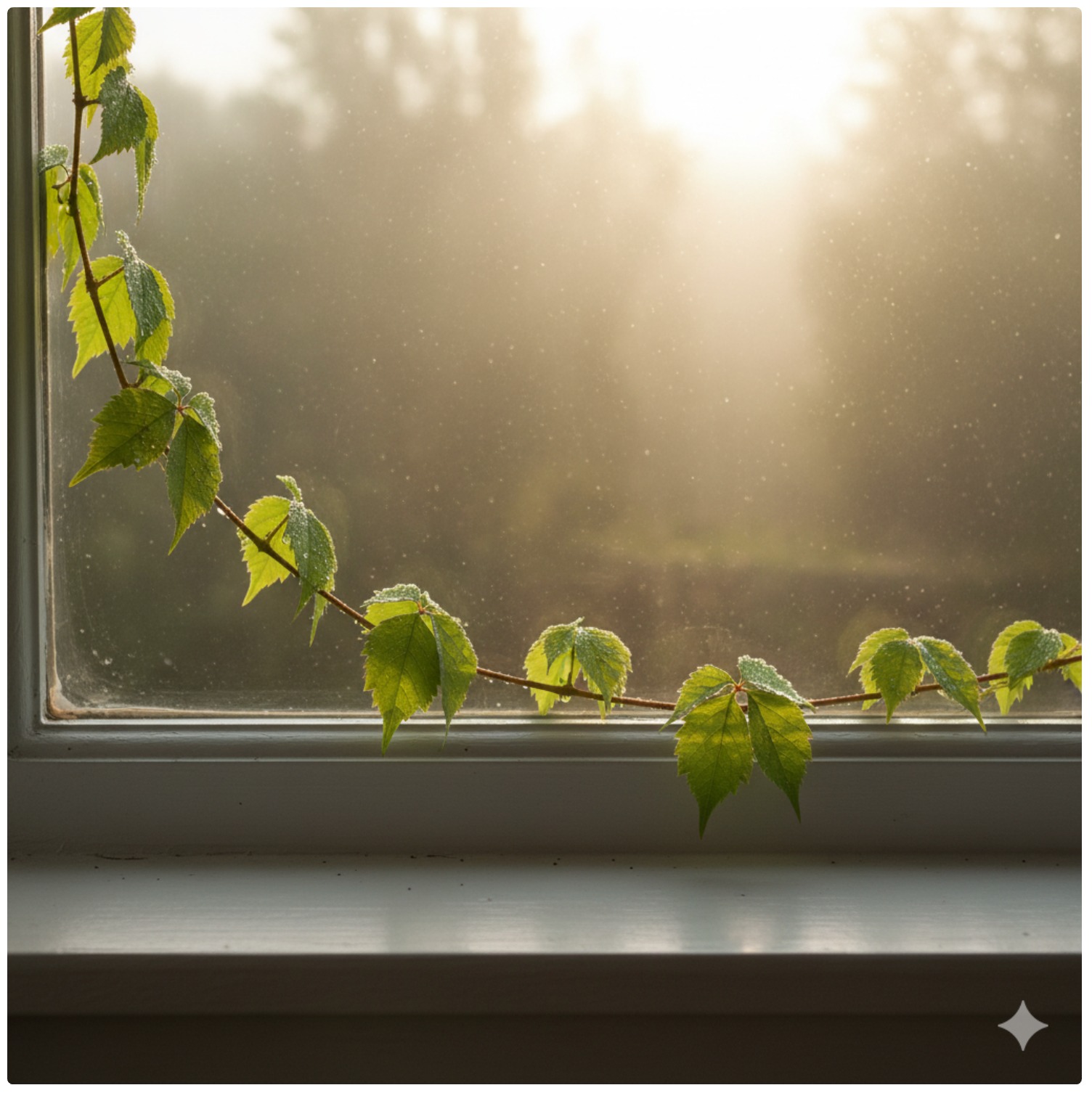 早朝の雨の後の窓に緑の葉と日差し